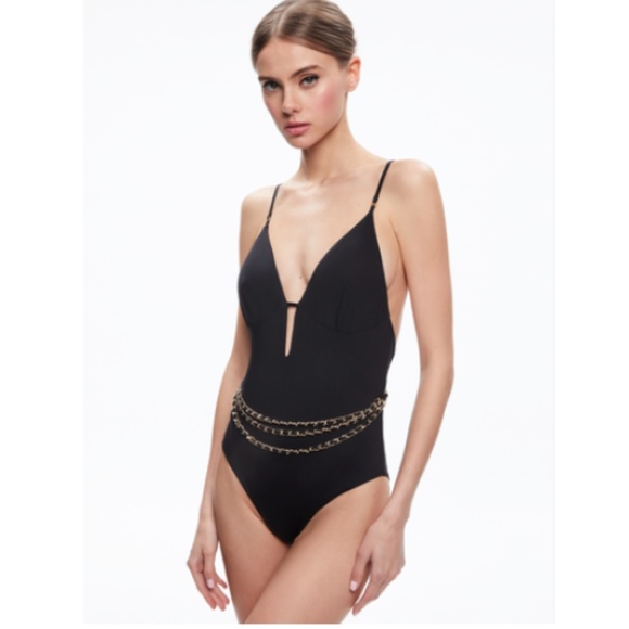 Alice + Olivia 'Gwyn' Gold Chain Belt One-Piece Bathing Suit in Black sz XL NWT - Picture 1 of 6